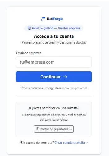 Pantalla de acceso para empresas en Relicita