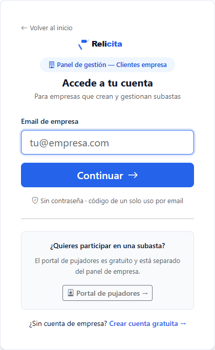Pantalla de acceso para empresas en Relicita