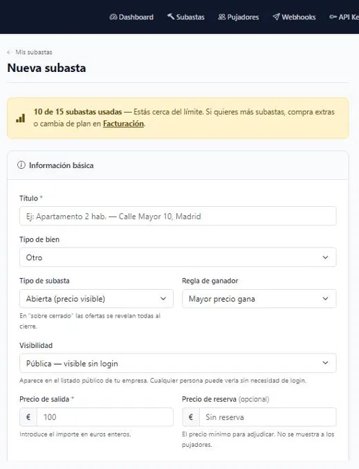 Formulario de creación de subasta — información básica