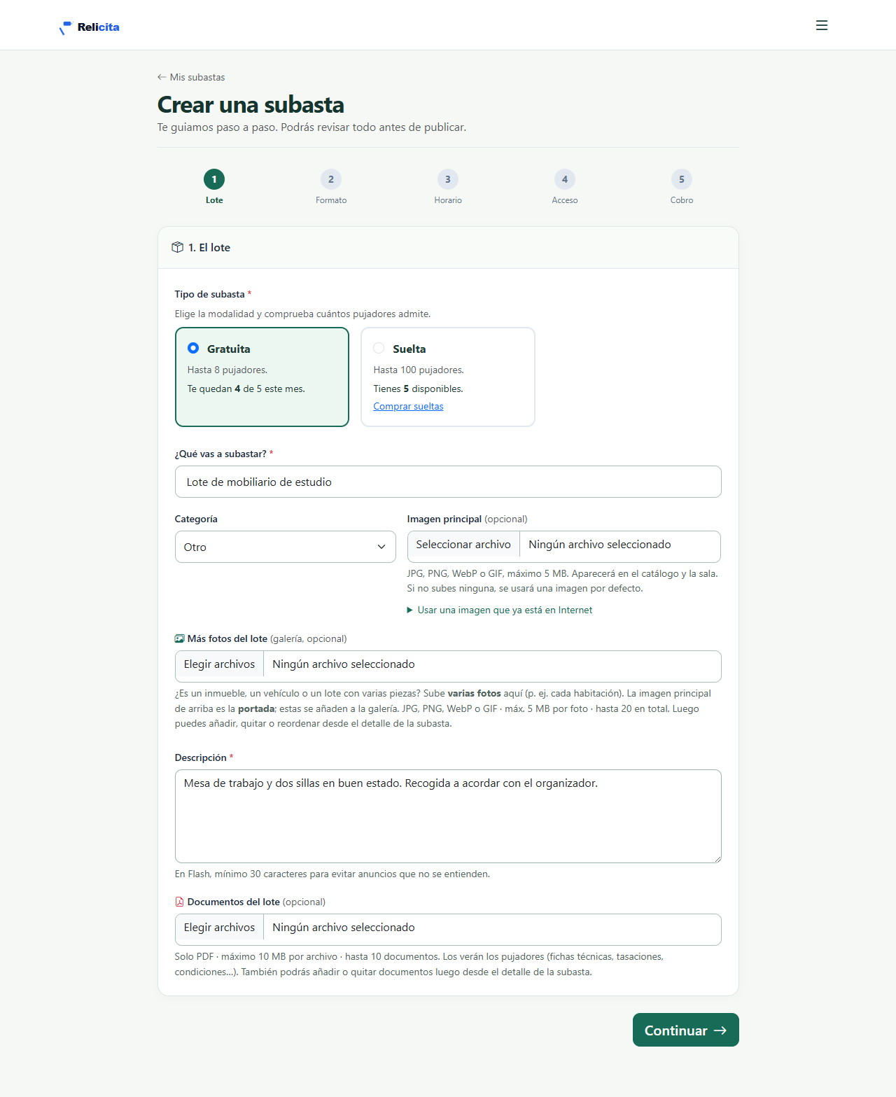 Formulario de creación de subasta — información básica