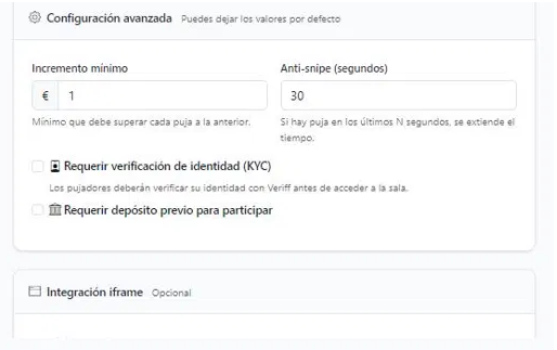 Configuración avanzada de la subasta: incremento, anti-snipe, KYC y depósito