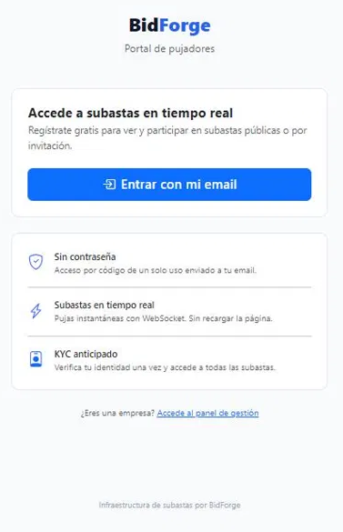 Portal de pujadores de Relicita, página de bienvenida