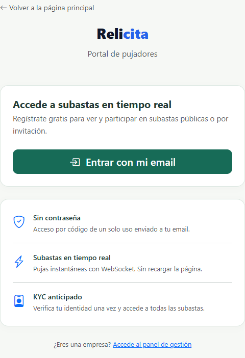 Portal de pujadores de Relicita, página de bienvenida