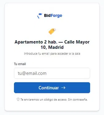 Pantalla de acceso a una subasta concreta pidiendo el email