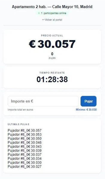 Sala de subasta en directo mostrando el precio actual y el campo para pujar