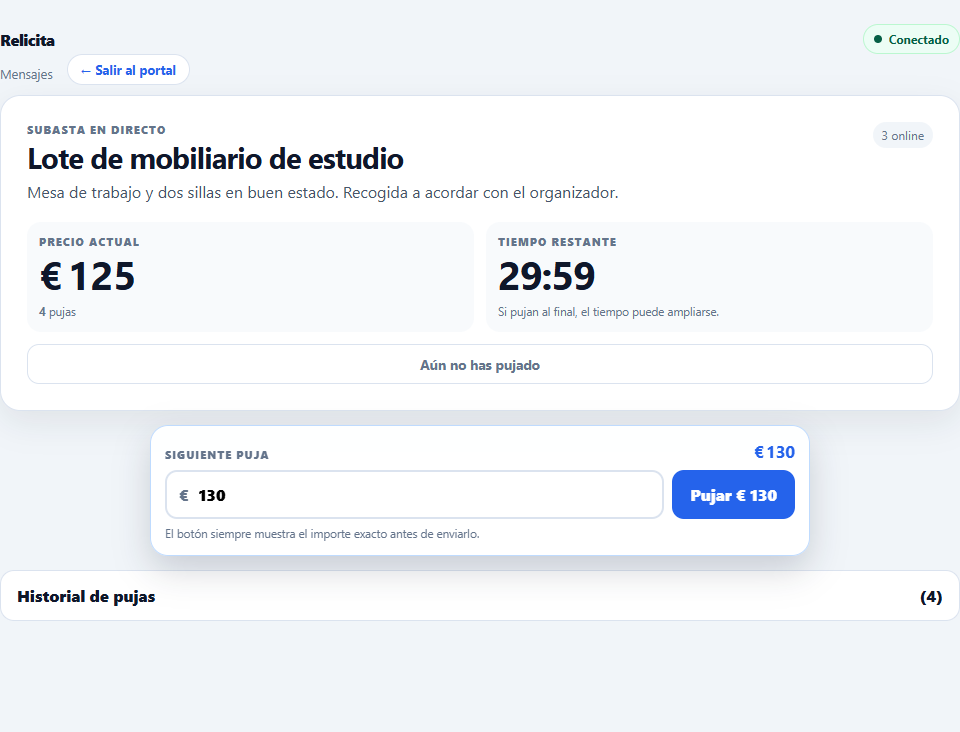 Sala de subasta en directo mostrando el precio actual y el campo para pujar